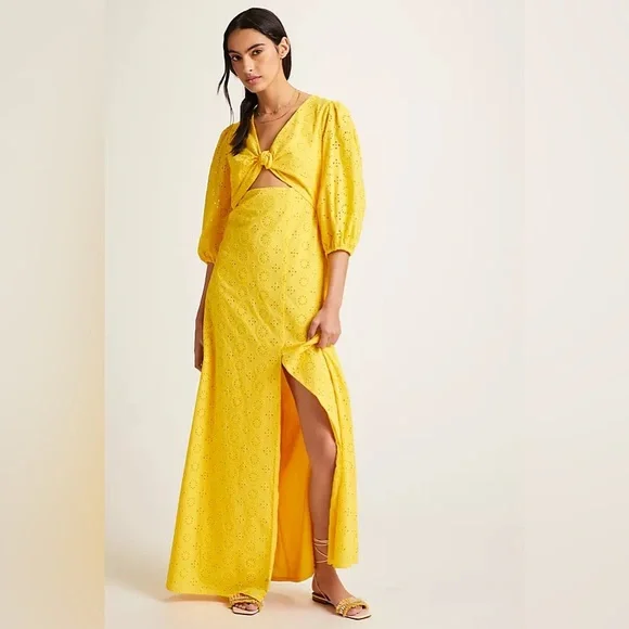 anthropologie yellow maxi dress New Anthropologie The Somerset Satin Maxi Dress Size Medium Yellow